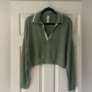 NWT Victoria's‎ Secret Cambridge Knit Polo Sweater Green White Cropped Preppy L.